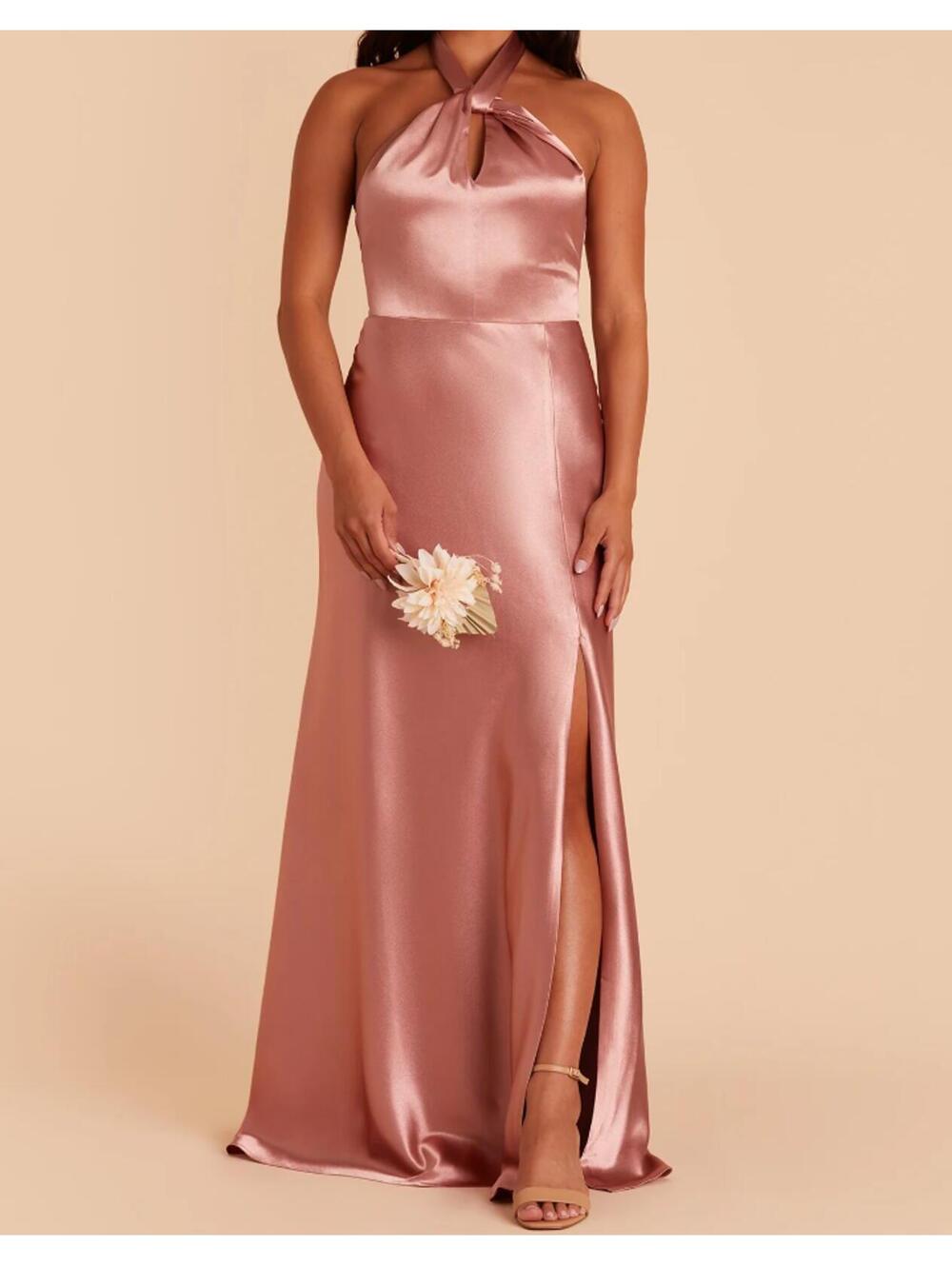 BIRDY GREY Monica Dusty Rose satin halter maxi bridesmaids dress sz M